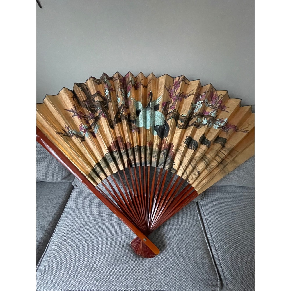 Vintage Large Hand Painted Chinese Wall Fan Gold Crane Cherry Blossom 35x63